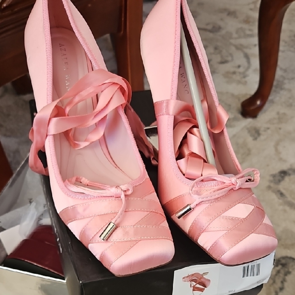 Azalea Wang Pink Satin Heels with Ribbon Accent